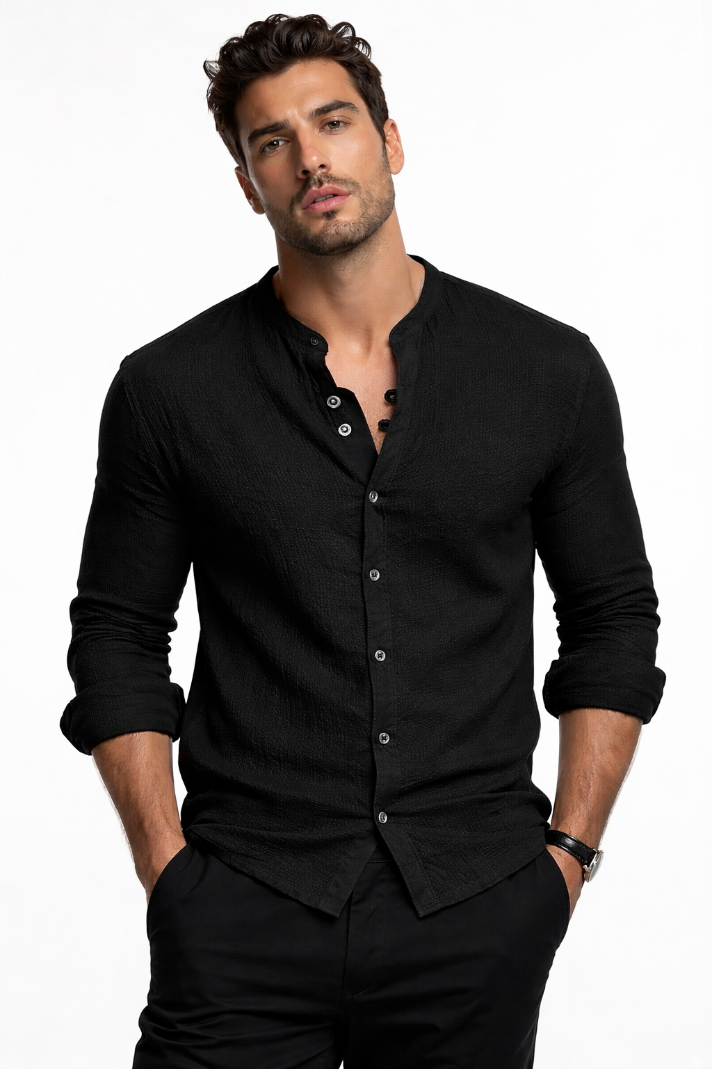 Camisa Slim Fit Premium de Cuello Mao - Estilo Moderno y Elegante para Hombre
