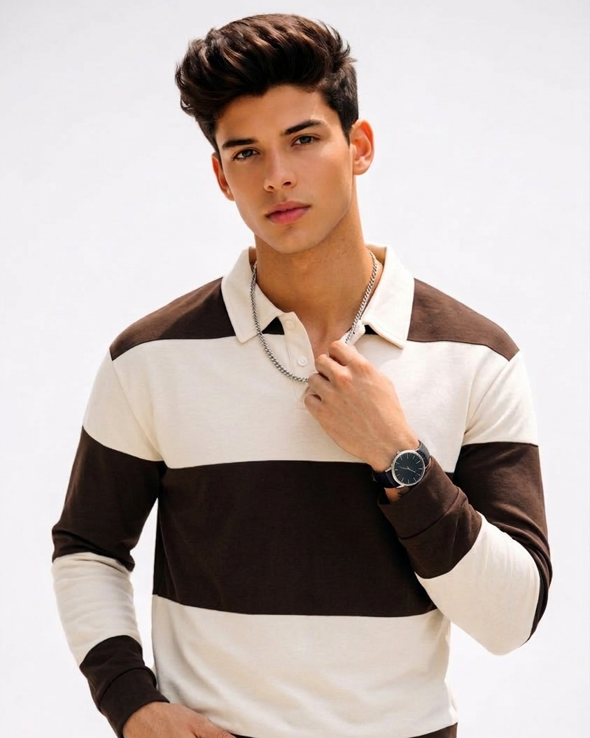 Polo de Manga Larga “Rugby Modern” Rayas Chocolate y Crema