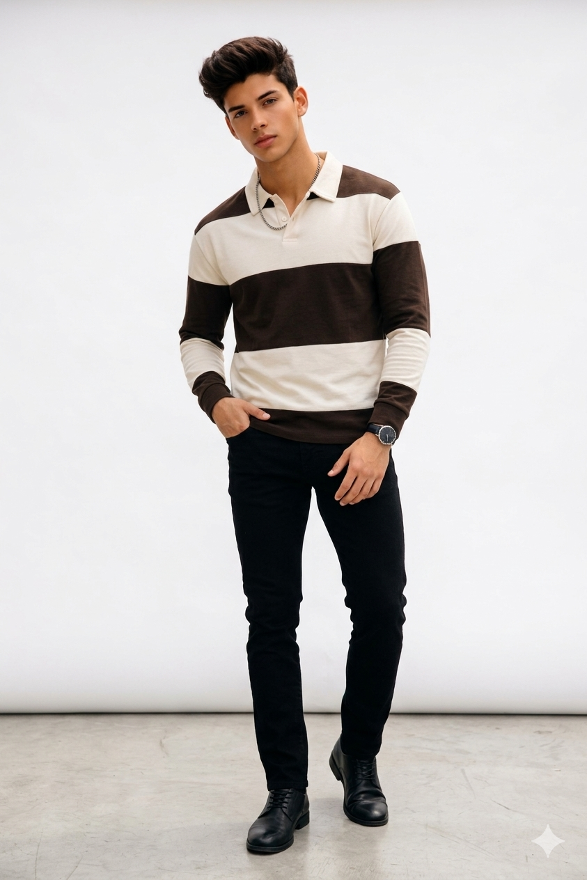 Polo de Manga Larga “Rugby Modern” Rayas Chocolate y Crema