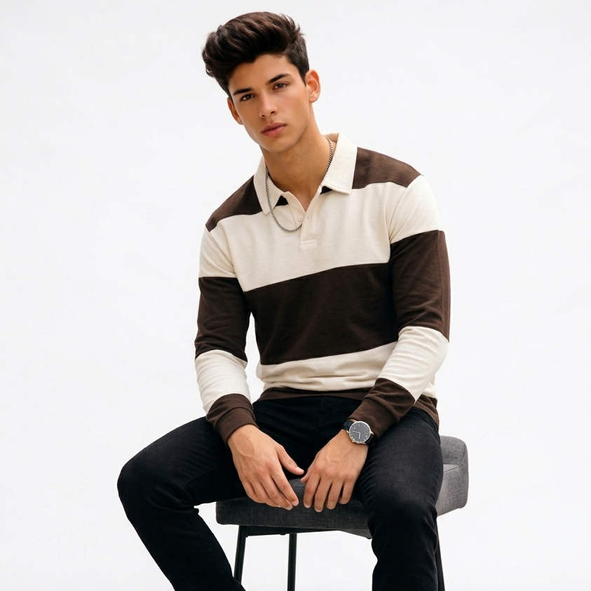 Polo de Manga Larga “Rugby Modern” Rayas Chocolate y Crema