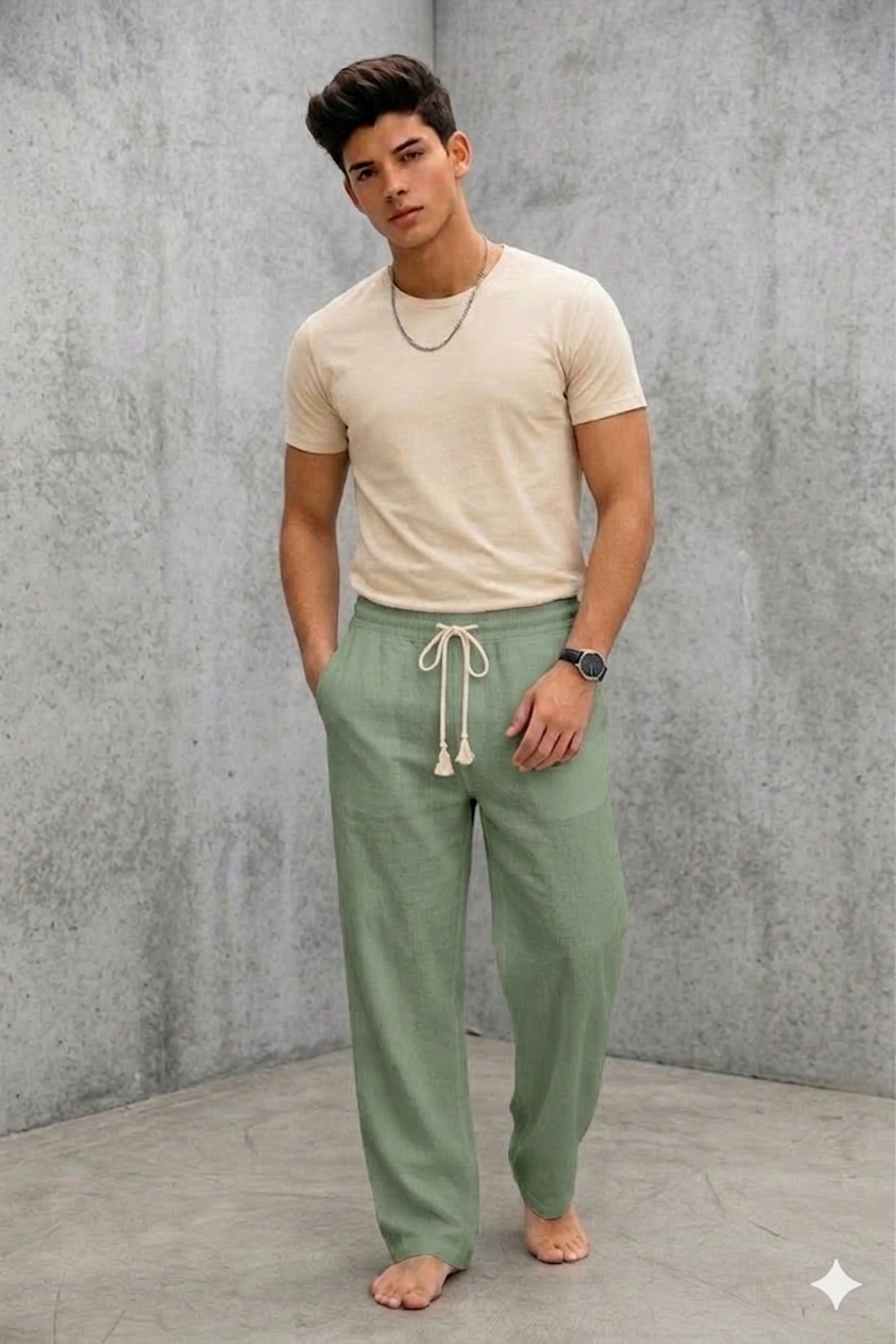 Pantalón de Lino Premium con Cordón Para Hombre - Estilo Casual y Fresco.